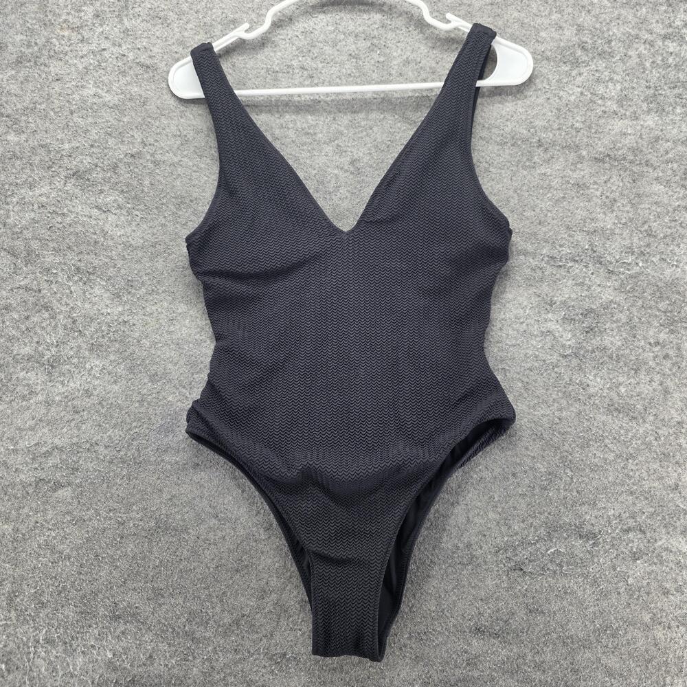 Seafolly One Piece Womens 12 Black Textured V-Neck Lined Wide Strap Logo
